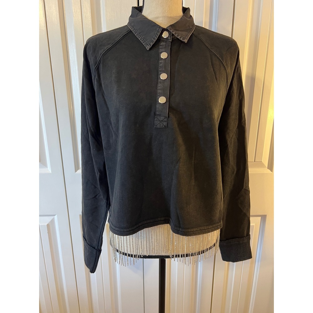 Blue Velvet Womens Black Rhinestone Fringe Cropped Sweatshirt Polo 60177JST L